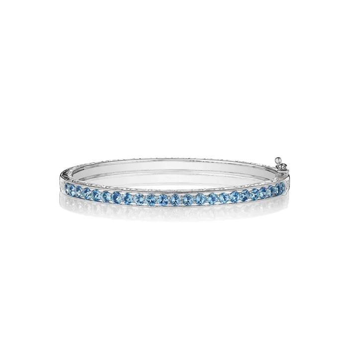 18KWG 23=2.26CT AQUAMARINE SINGLE ROW ENGRAVED BANGLE BRACELET