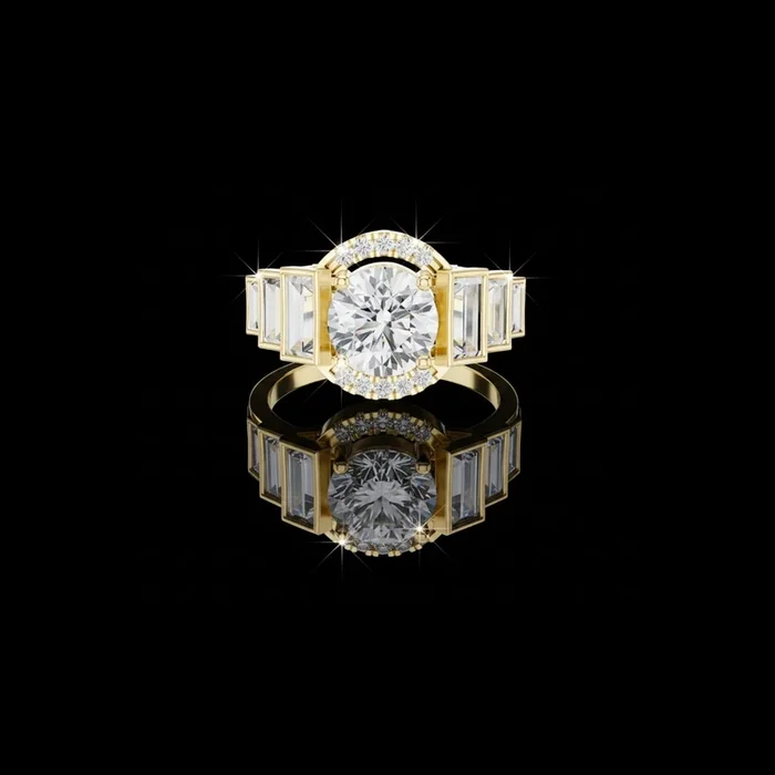 2.00 CT Bold Geometry Round Lab Diamond Ring with Baguette Side Frames For Stillness