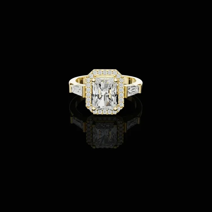 2.00 CT Iconic Moissanite Radiant Cut Halo Baguette Side Diamonds Prestige Engagement Ring