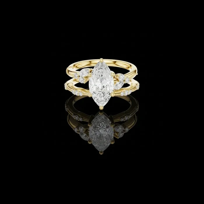 2.00 CT Signature Solitaire Marquise Cut Moissanite Diamond Ring with Accent Bands For Daily Wear