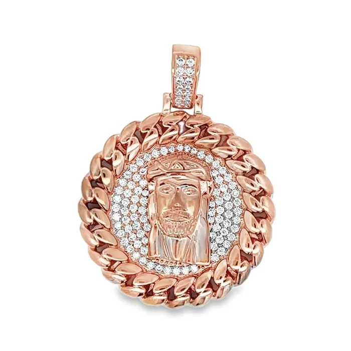 #2 Cuban Jesus Medallion Rose Gold CZ Iced Out Pendant