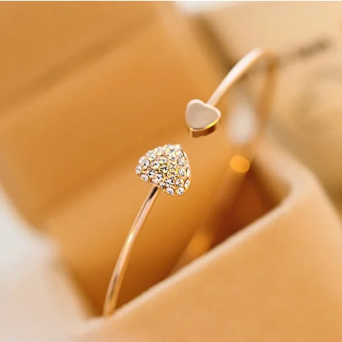 2019 quente nova moda ajustável cristal duplo coração arco bilezik manguito abertura pulseira para mulheres jóias presente mujer pulseras 7g