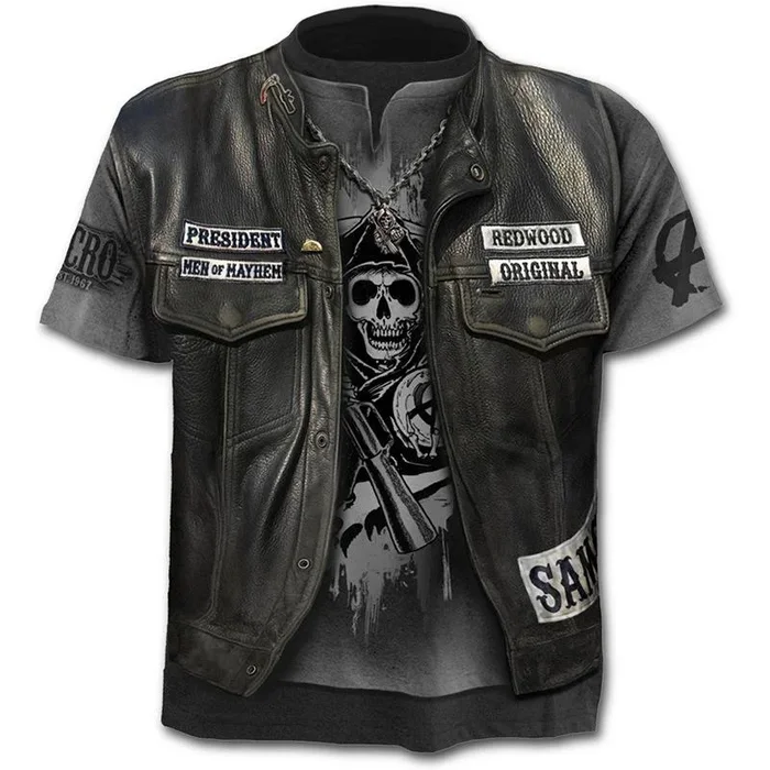 2021 new hot sale men’s motorcycle punk T-shirt 3d printing skull casual retro hip-hop style oversized fashionable and comfortab