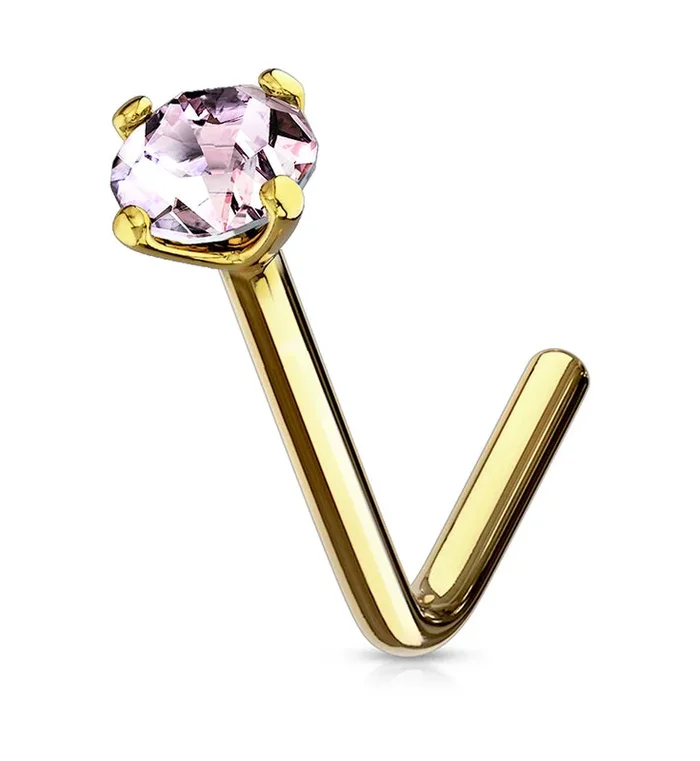 20G Pink CZ 14kt Gold L Bend Nose Ring