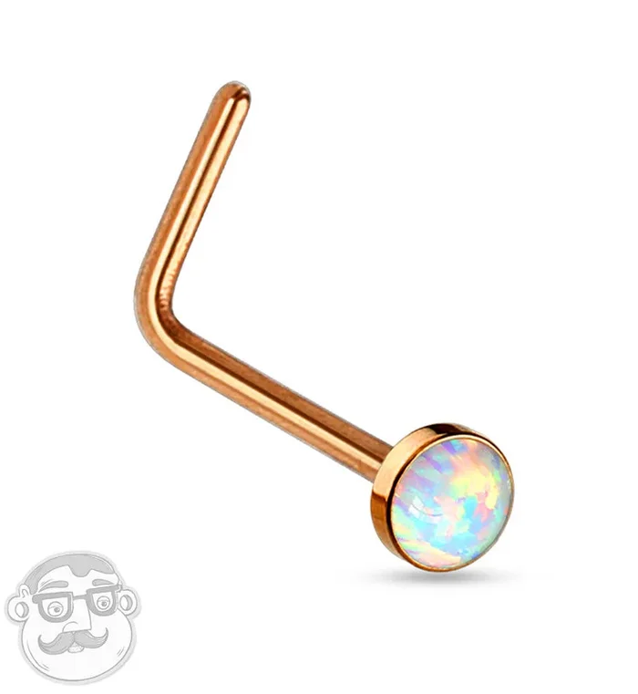 20G PVD Rose Gold White Opal L Bend Nose Ring