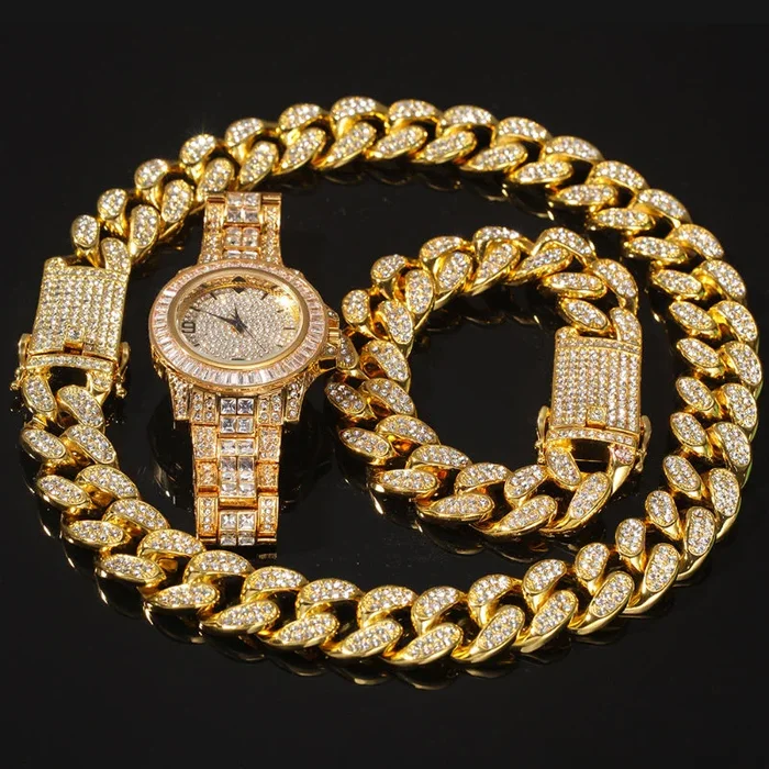 20mm Iced Out Cuban Necklace + Bracelet + Watch Set