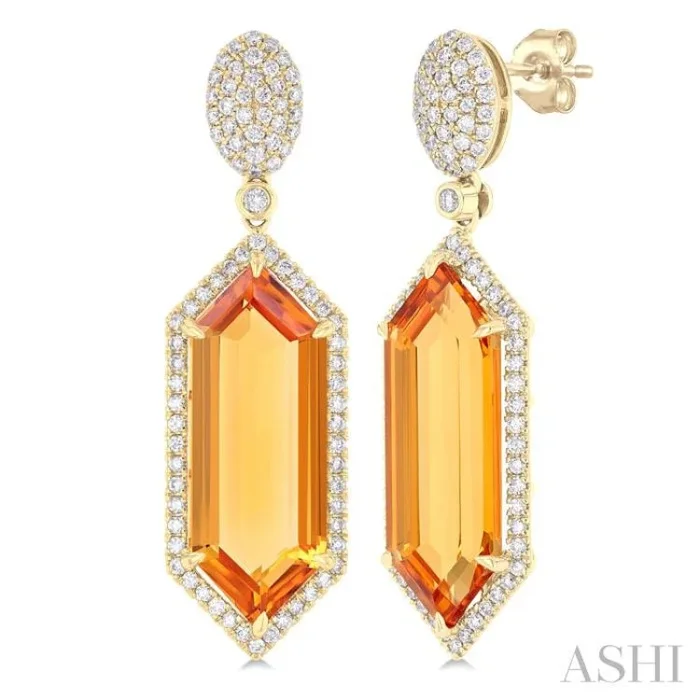 22×8 MM Hexagon Shape Citrine and 7/8 Ctw Round Cut Diamond Halo Semi-Precious Earrings in 14K Yellow Gold