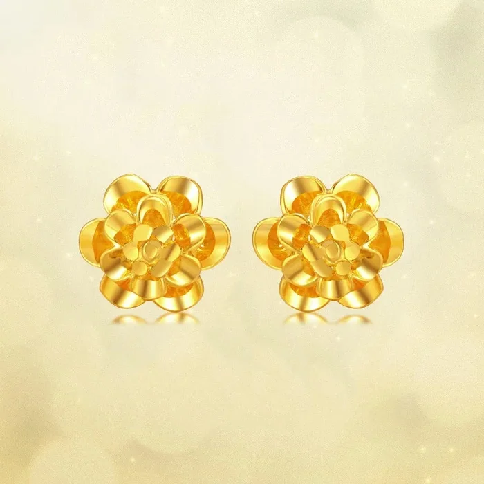 24kPure Gold Flower Shape Stud Earrings Exquisite Hollow Style Beautiful Highlight Literary Style 999Solid Gold A Pair