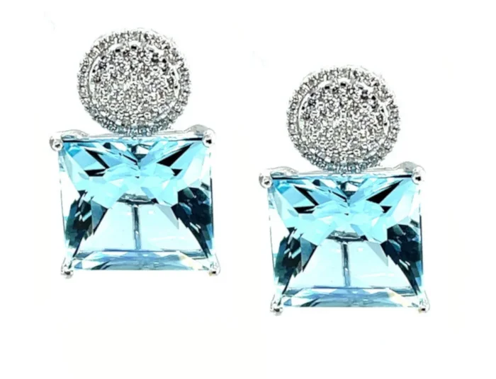 26.00 Carat Aquamarine & Diamond Pave White Gold Post Clip Earrings