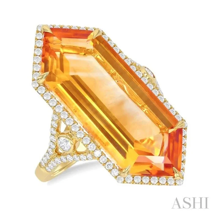 26×10 MM Hexagon Shape Citrine and 1/2 Ctw Round Cut Diamond Halo Semi-Precious Ring in 14K Yellow Gold
