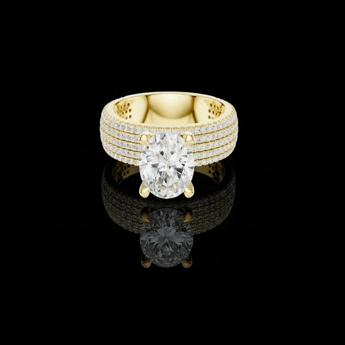 3.00 CT Bold Multi Row Pave Band and Luxe Four Prong Oval Cut Moissanite Diamond Center For Anniversary