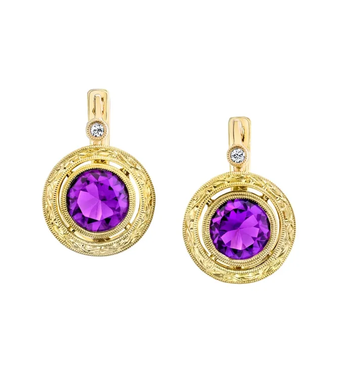 3.19 ct. t.w. Bezel Set Amethyst & Diamond 18k Engraved Lever Back Drop Earrings