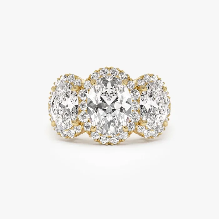 3.35 ctw Three Stone Halo Oval Lab Grown Engagement Ring – Ashley