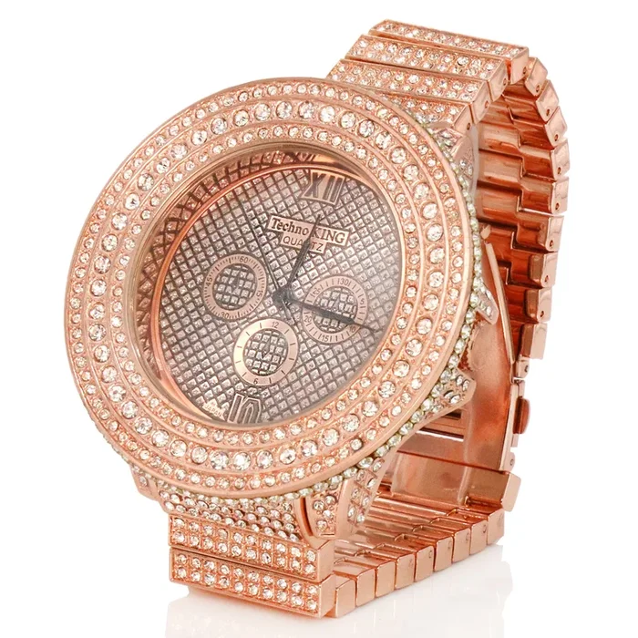3 Rings Rose Gold Ice Out Techno KING Watch