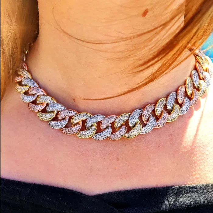 3 Tone 18mm 18K Gold Diamond Miami Cuban Link Chain