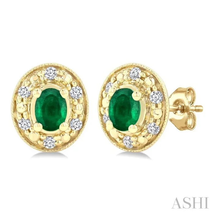 4×3 MM Oval Shaped Emerald and 1/10 Ctw Single Cut Diamond Earrings in 14K Yellow Gold