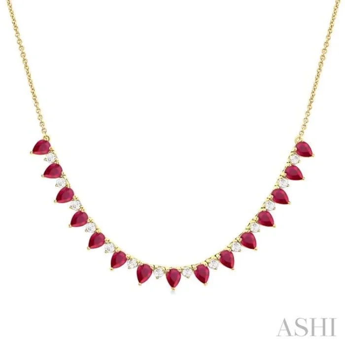 4×3 MM Pear Shape Ruby and 1/2 Ctw Round Cut Diamond Precious Tennis Necklace in 14K Yellow Gold