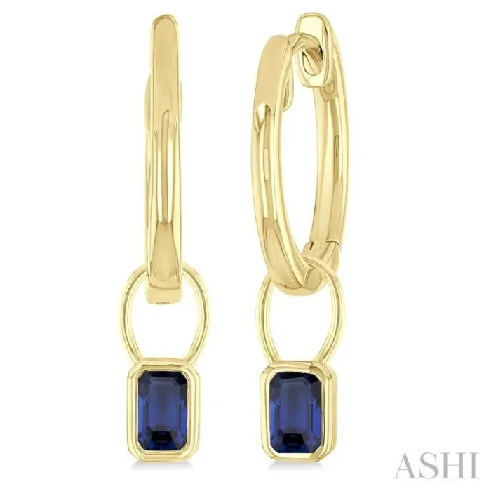 5×3 MM Bezel Set Emerald Cut Sapphire Precious Fashion Huggie Earrings in 14K Yellow Gold