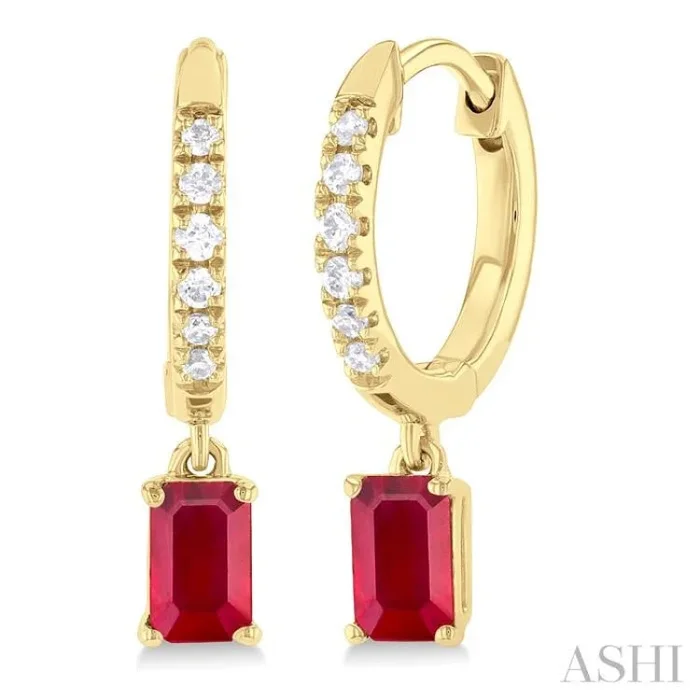 5×3 MM Emerald Cut Drop Ruby and 1/8 Ctw Petite Round Cut Diamond Precious Fashion Huggies in 10K Yellow Gold