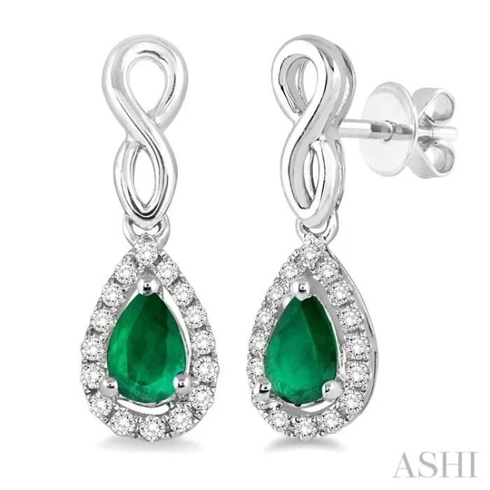 5×3 MM Pear Shape Emerald and 1/6 Ctw Round Cut Diamond Earrings in 10K White Gold