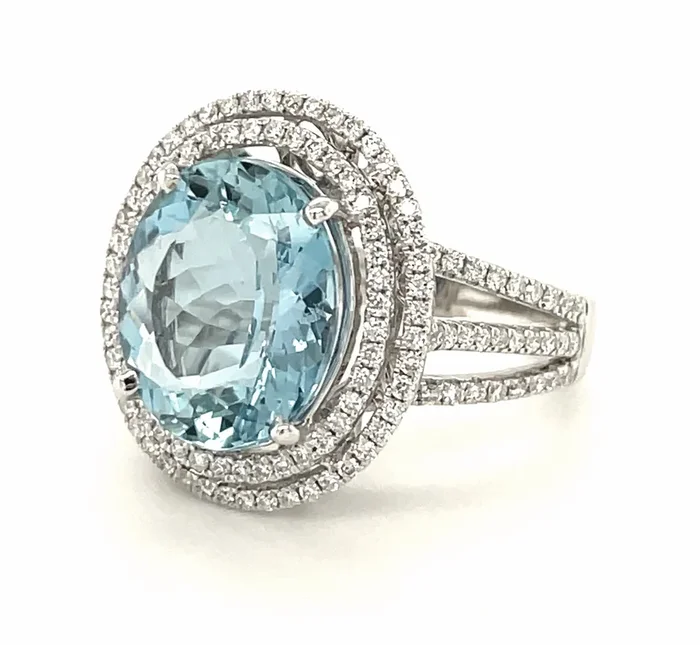 5.52 Carat Aquamarine and Double Diamond Halo Cocktail Ring