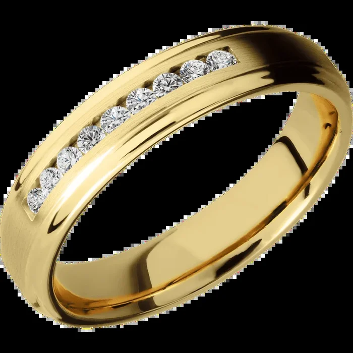 5 mm wide/Flat Grooved Edges/14K Yellow Gold band with an arrangement of 9, .03 carat Round Diamond stones in a Channel setting.