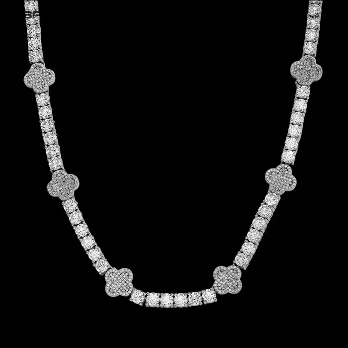 5mm Iced out Four Leaf Clover Tennis Chains or Bracelet in White Gold