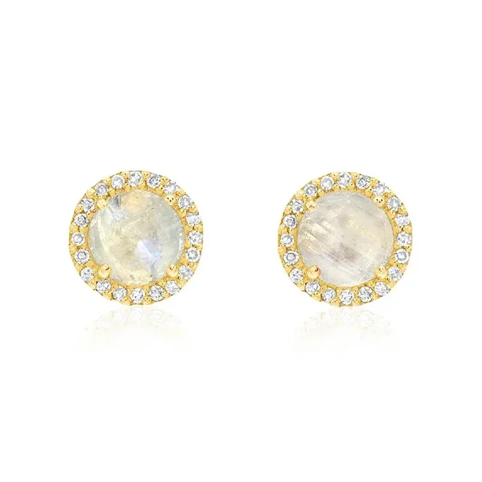 5mm Rainbow Moonstone & Diamond 14K Gold Stud Earrings