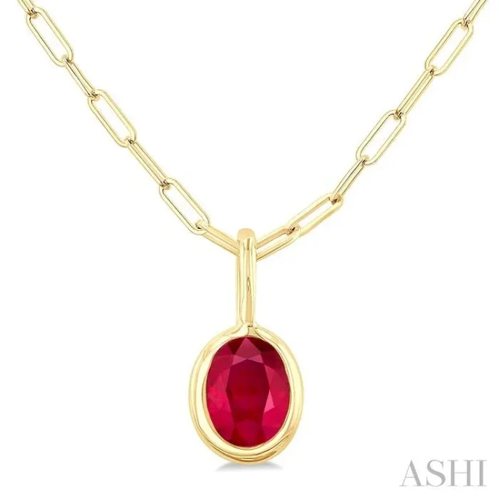 6×4 MM Bezel Set Oval Cut Ruby Precious Fashion Pendant With Paperclip Chain in 10K Yellow Gold