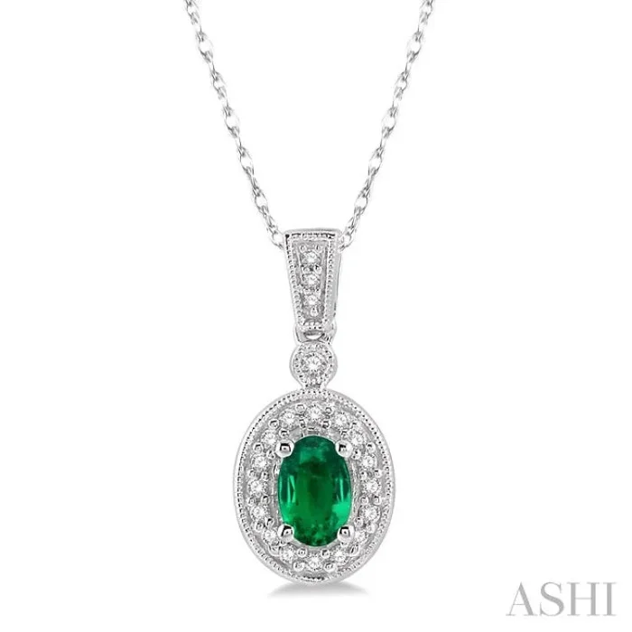 6×4 MM Oval Cut Emerald and 1/8 Ctw Round Cut Diamond Pendant in 14K White Gold with Chain
