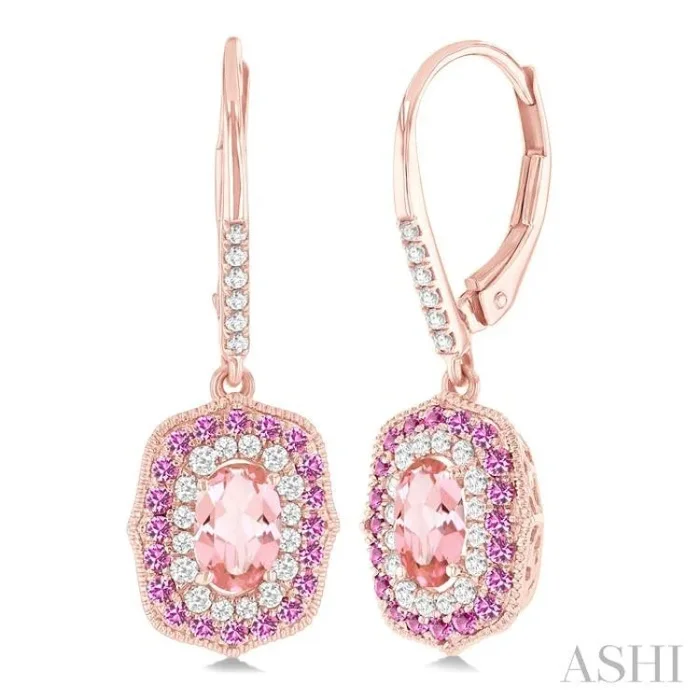 6×4 MM Oval Cut Morganite, 1.25 MM Pink Sapphire and 1/3 Ctw Round Cut Diamond Halo Precious and Semi-Precious Fashion Earrings in 14K Rose Gold