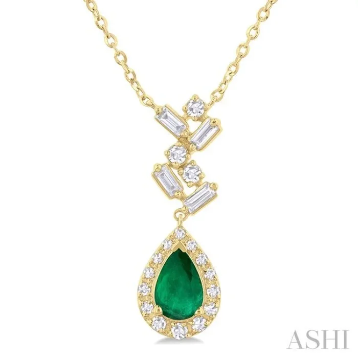 6×4 MM Pear Cut Emerald and 1/5 Ctw Scatter Baguette & Single Cut Halo Diamond Precious Pendant With Chain in 10K Yellow Gold
