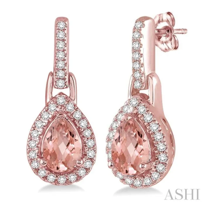 6×4 MM Pear Shape Morganite and 1/5 Ctw Round Cut Diamond Earrings in 10K Rose Gold