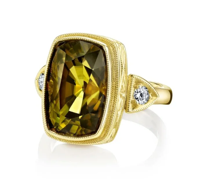 6.75 Carat Tourmaline Cushion & Diamond Handmade Yellow Gold Engraved Bezel Ring