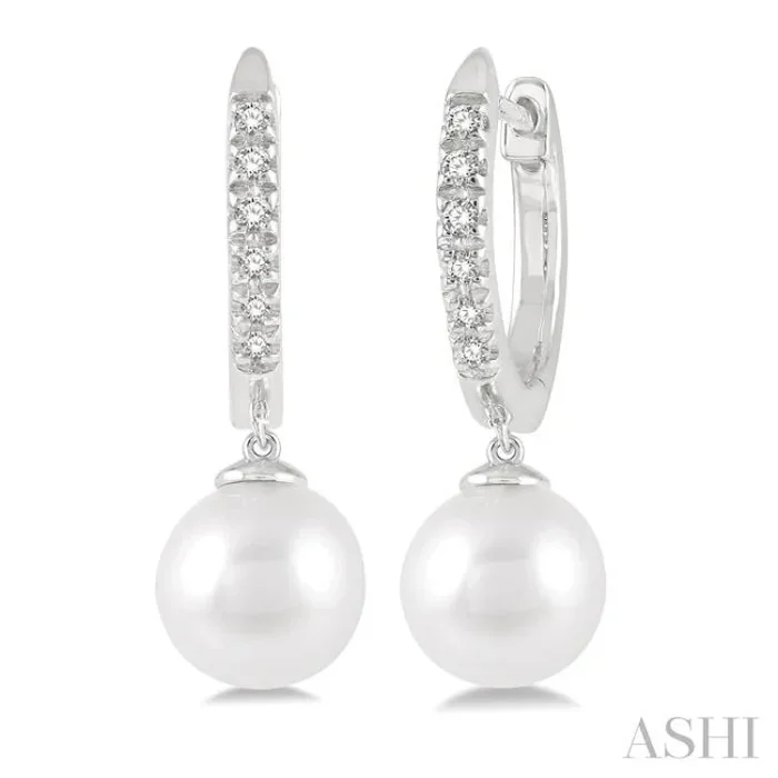 6 MM Round Shape Cultured Pearls and 1/8 Ctw Round Cut Diamond Drop Petite Huggie Earrings 14K White Gold