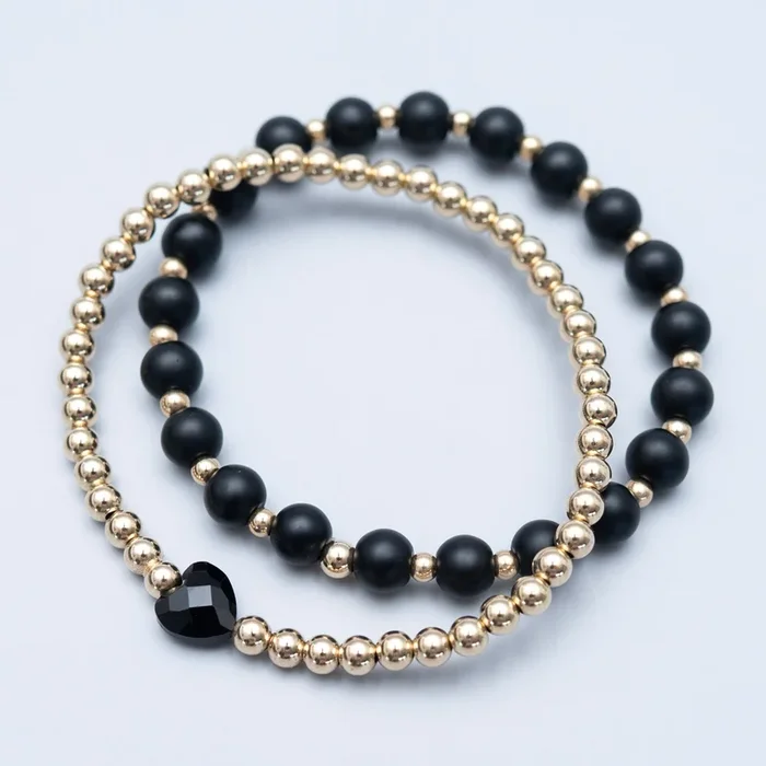 6mm Matte Black Onyx & Heart Bracelet Set