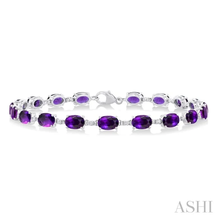 6X4 MM Oval Cut Amethyst and 1/6 Ctw Round Cut Diamond Semi-Precious Tennis Bracelet in 10K White Gold