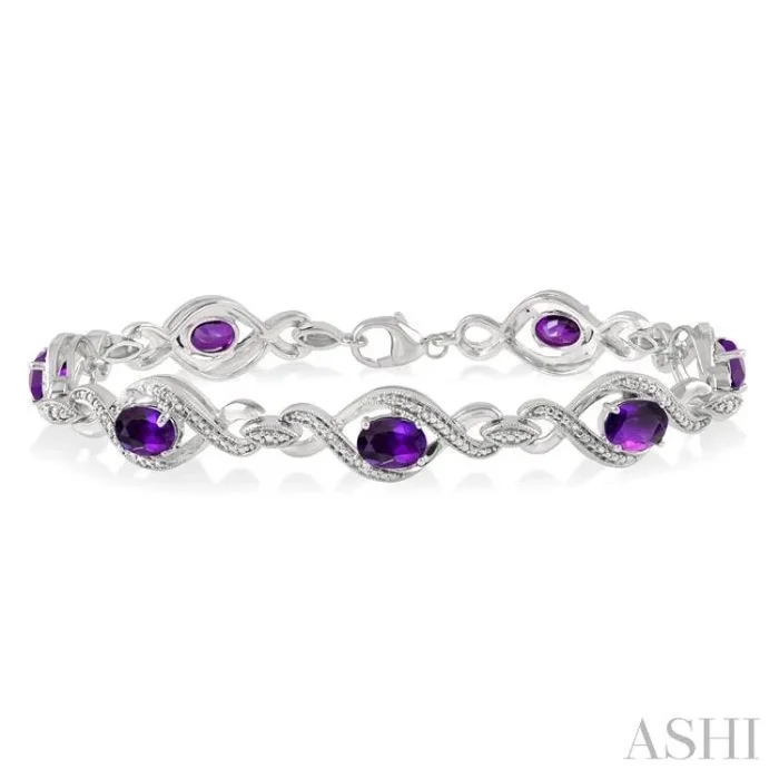 7×5 MM Oval Cut Amethyst and 1/10 Ctw Round Cut Diamond Semi-Precious Bracelet in Sterling Silver