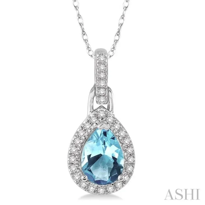 7×5 MM Pear Shape Aquamarine and 1/10 Ctw Round Cut Diamond Pendant in 10K White Gold with Chain