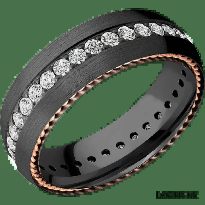 7 mm wide/Domed/Zirconium band with two 1 mm Sidebraid inlays of 14K Rose Gold and featuring an Eternity arrangement of 03 carat Round Lab Grown Diamond stones in a Bead setting