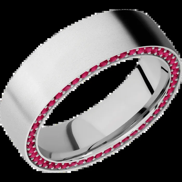 7 mm wide/Flat/14K White Gold band with a Side Eternity arrangement of .01 carat Round Ruby stones in a Bead Channel setting.