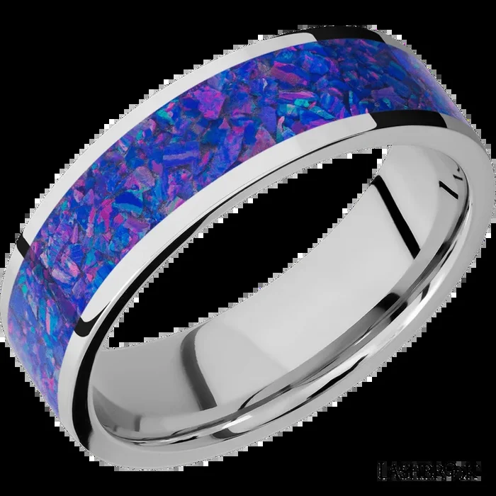 7 mm wide/Flat/Cobalt Chrome band with one 5 mm Centered inlay of Purple Opal.