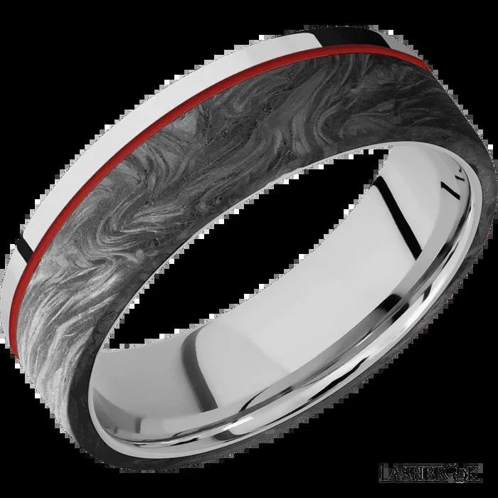 7 mm wide/Flat/Cobalt Chrome band with one 5 mm Off Center Edge inlay of Forged Carbon Fiber.
