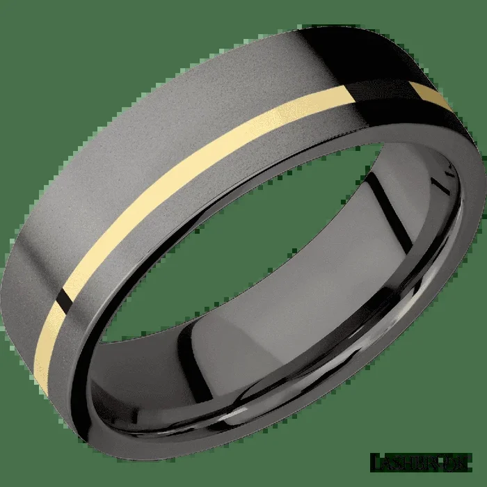 7 mm wide/Flat/Tantalum Noir band with one 1 mm Off Center inlay of 14K Yellow Gold