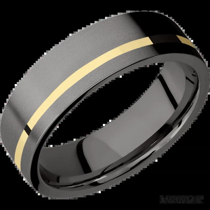 7 mm wide/Flat/Tantalum Noir band with one 1 mm Off Center inlay of 14K Yellow Gold.
