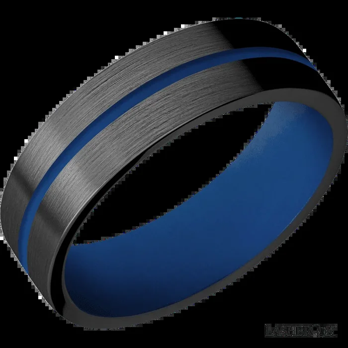 7 mm wide/Flat/Zirconium band with one 1 mm Centered inlay of Royal Blue also featuring a Royal Blue sleeve.