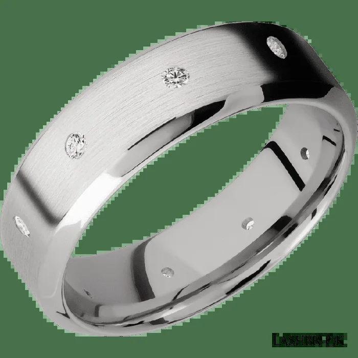 7 mm wide/High Bevel/14K White Gold band with a 9X Even arrangement of 03 carat Round Diamond stones in a Flush setting