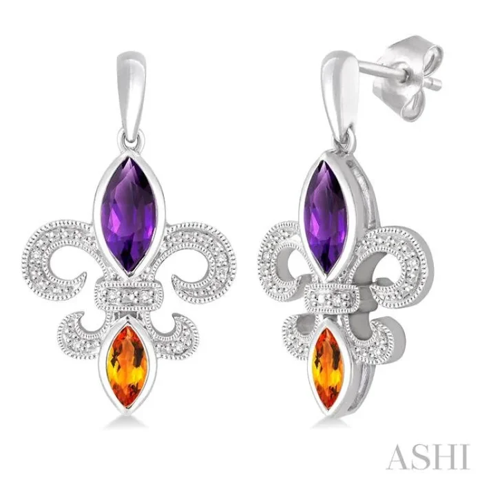 8×4 MM Marquise Cut Amethyst, 6×3 MM Marquise Cut Citrine and 1/20 Ctw Round Cut Diamond Fleur De Lis Earrings in Sterling Silver