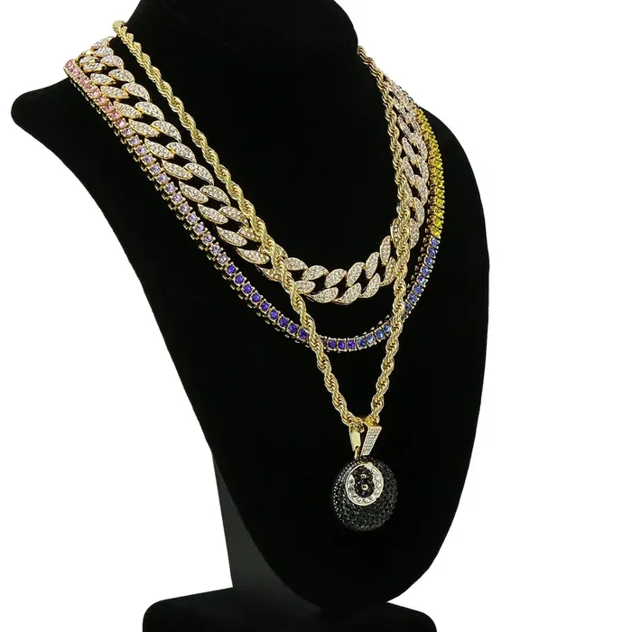 #8 Ball 4 Pcs Set Cuban, Tennis & Rope Chain Bundle Gold PT