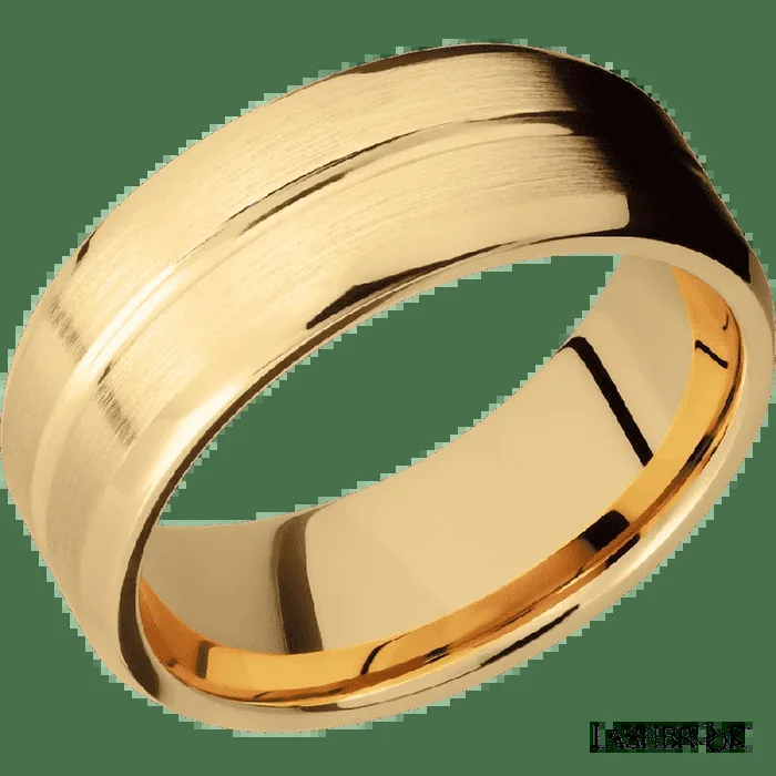 8 mm wide Beveled with Center Accent Groove 14K Yellow Gold band